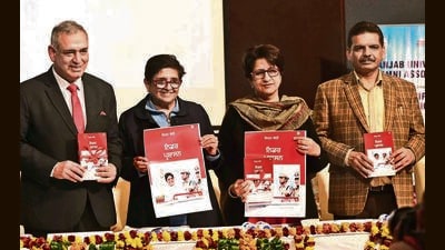 (From left) former Himachal DGP Sanjay Kundu, former lieutenant governor of Puducherry and Panjab University (PU) alumna Kiran Bedi, dean of university instruction Rumina Sethi and dean of college development council Sanjay Kaushik during the release of Bedi’s book ‘Nidar Prashasan’ at the varsity in Chandigarh on Tuesday. (Keshav Singh/HT) (From left) former Himachal DGP Sanjay Kundu, former lieutenant governor of Puducherry and Panjab University (PU) alumna Kiran Bedi, dean of university instruction Rumina Sethi and dean of college development council Sanjay Kaushik during the release of Bedi’s book ‘Nidar Prashasan’ at the varsity in Chandigarh on Tuesday. (Keshav Singh/HT)