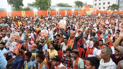 Patna, Bihar, India -May .28, 2024: BJP supporters gather during Uttar Pradesh Chief Minister Yogi Adityanath addressing a public election rally (Photo by Santosh Kumar/ Hindustan Times)