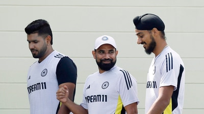 Dubai, Feb 16 (ANI): India's Mohammed Shami, Arshdeep Singh and harshit rana during a practice session ahead of the team's opening match against Bangladesh in the ICC Champions Trophy, 2025, at Dubai International Cricket Stadium in Dubai on Sunday. (ANI Photo) (BCCI X) Dubai, Feb 16 (ANI): India's Mohammed Shami, Arshdeep Singh and harshit rana during a practice session ahead of the team's opening match against Bangladesh in the ICC Champions Trophy, 2025, at Dubai International Cricket Stadium in Dubai on Sunday. (ANI Photo) (BCCI X)