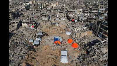 An aerial photograph taken by a drone shows tents amidst the destruction caused by the Israeli air and ground offensive in Beit Lahiya, northern Gaza Strip, on Monday, Feb. 17, 2025. AP/PTI(AP02_18_2025_000015A) (AP) An aerial photograph taken by a drone shows tents amidst the destruction caused by the Israeli air and ground offensive in Beit Lahiya, northern Gaza Strip, on Monday, Feb. 17, 2025. AP/PTI(AP02_18_2025_000015A) (AP)