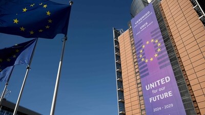 This photograph taken on February 18, 2025, shows the facade of the Berlaymont building, which houses the European Union Commission headquarters, and European Union flags, in Brussels. (AFP) This photograph taken on February 18, 2025, shows the facade of the Berlaymont building, which houses the European Union Commission headquarters, and European Union flags, in Brussels. (AFP)