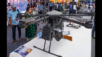 Bengaluru: A bomber drone on display at the India Pavilion during the Aero India 2025, at the Yelahanka Air Force Station in Bengaluru, Karnataka, Tuesday, Feb. 11, 2025. (PTI Photo/Shailendra Bhojak) (PTI02_11_2025_000364A) (PTI) Bengaluru: A bomber drone on display at the India Pavilion during the Aero India 2025, at the Yelahanka Air Force Station in Bengaluru, Karnataka, Tuesday, Feb. 11, 2025. (PTI Photo/Shailendra Bhojak) (PTI02_11_2025_000364A) (PTI)