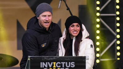 Britain's Prince Harry and his wife Meghan, the Duke and Duchess of Sussex, attend a welcome celebration during the 2025 Invictus Games, in Whistler, British Columbia, Monday, Feb. 10, 2025. (Darryl Dyck/The Canadian Press via AP) (AP) Britain's Prince Harry and his wife Meghan, the Duke and Duchess of Sussex, attend a welcome celebration during the 2025 Invictus Games, in Whistler, British Columbia, Monday, Feb. 10, 2025. (Darryl Dyck/The Canadian Press via AP) (AP)