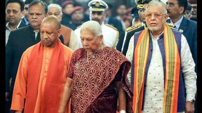 Governor Anandiben Patel along with CM Yogi Adityanath and state finance minister Suresh Khanna arrives to attend the budget session, at the state Legislative Assembly in Lucknow on Tuesday. (ANI Photo) Governor Anandiben Patel along with CM Yogi Adityanath and state finance minister Suresh Khanna arrives to attend the budget session, at the state Legislative Assembly in Lucknow on Tuesday. (ANI Photo)