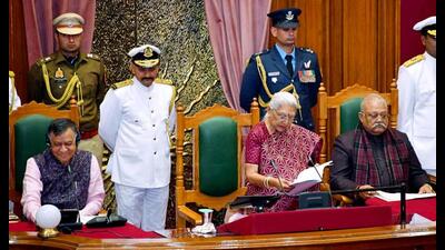 Governor Anandiben Patel speaks in the UP Legislative Assembly on the first day of Budget Session 2025-26, in Lucknow on Tuesday. Assembly Speaker Satish Mahana is also seen. (ANI Photo) Governor Anandiben Patel speaks in the UP Legislative Assembly on the first day of Budget Session 2025-26, in Lucknow on Tuesday. Assembly Speaker Satish Mahana is also seen. (ANI Photo)