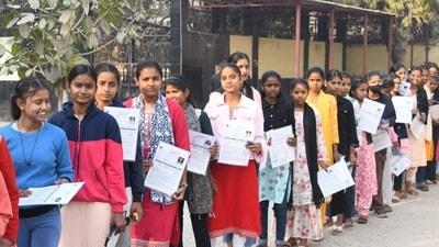 BSEB Bihar Matric Exam 2025: Students stand in queue before appearing in the Class 10th exam of the Bihar School Examination Board (BSEB) at Dhaneshwari Devanand Balika High School Danapur in Patna. (Santosh Kumar) BSEB Bihar Matric Exam 2025: Students stand in queue before appearing in the Class 10th exam of the Bihar School Examination Board (BSEB) at Dhaneshwari Devanand Balika High School Danapur in Patna. (Santosh Kumar)