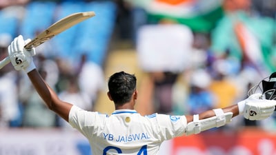 India's Yashasvi Jaiswal celebrates after scoring double century on the fourth day of the third Test match against England in Rajkot. (AP Photo) India's Yashasvi Jaiswal celebrates after scoring double century on the fourth day of the third Test match against England in Rajkot. (AP Photo)