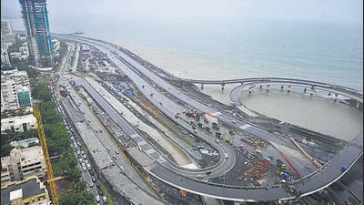 Mumbai, India – July 11, 2024: An aerial view of Dharamveer, Swarajya Rakshik Chhatrapati Sambhaji Maharaj Mumbai Coastal Road Project Phase 3 North route opened for vehicular traffic from 11 July 2024 in Mumbai India, on Thursday, July 11, 2024. (Photo by Bhushan Koyande/HT Photo) Mumbai, India – July 11, 2024: An aerial view of Dharamveer, Swarajya Rakshik Chhatrapati Sambhaji Maharaj Mumbai Coastal Road Project Phase 3 North route opened for vehicular traffic from 11 July 2024 in Mumbai India, on Thursday, July 11, 2024. (Photo by Bhushan Koyande/HT Photo)