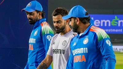 India's Rohit Sharma, Virat Kohli, and KL Rahul after the team won the One Day International (ODI) cricket series against England, at the Narendra Modi Stadium, in Ahmedabad (PTI) India's Rohit Sharma, Virat Kohli, and KL Rahul after the team won the One Day International (ODI) cricket series against England, at the Narendra Modi Stadium, in Ahmedabad (PTI)