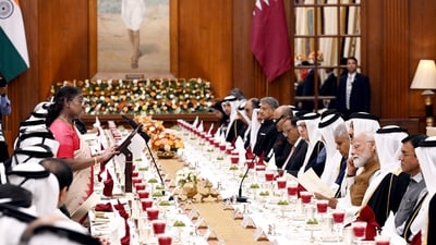 President Droupadi Murmu speaks during a banquet hosted in the honour of the Amir of the State of Qatar Sheikh Tamim Bin Hamad Al-Thani at the Rashtrapati Bhavan, in New Delhi. Prime Minister Narendra Modi is also seen in the picture. (Rashtrapati Bhavan via PTI Photo) President Droupadi Murmu speaks during a banquet hosted in the honour of the Amir of the State of Qatar Sheikh Tamim Bin Hamad Al-Thani at the Rashtrapati Bhavan, in New Delhi. Prime Minister Narendra Modi is also seen in the picture. (Rashtrapati Bhavan via PTI Photo)