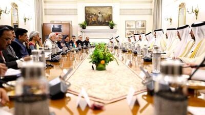 Prime Minister Narendra Modi and Sheikh Tamim Bin Hamad Al Thani, Amir of the State of Qatar, hold delegation-level talks, at Hyderabad House in New Delhi on Tuesday. (Narendra Modi-X) Prime Minister Narendra Modi and Sheikh Tamim Bin Hamad Al Thani, Amir of the State of Qatar, hold delegation-level talks, at Hyderabad House in New Delhi on Tuesday. (Narendra Modi-X)