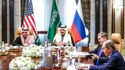 (L to R) Saudi Arabia's Foreign Minister Prince Faisal bin Farhan al-Saud, National Security Advisor Mosaad bin Mohammad al-Aiban, the Russian president's foreign policy advisor Yuri Ushakov, and Russia's Foreign Minister Sergei Lavrov attend a meeting with the US Middle East envoy, Secretary of State, and National Security Advisor together at Riyadh's Diriyah Palace on February 18, 2025. (AFP) (L to R) Saudi Arabia's Foreign Minister Prince Faisal bin Farhan al-Saud, National Security Advisor Mosaad bin Mohammad al-Aiban, the Russian president's foreign policy advisor Yuri Ushakov, and Russia's Foreign Minister Sergei Lavrov attend a meeting with the US Middle East envoy, Secretary of State, and National Security Advisor together at Riyadh's Diriyah Palace on February 18, 2025. (AFP)