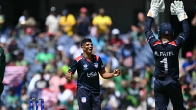 USA cricketers Nosthush Kenjige and Monank Patel celebrate USA cricketers Nosthush Kenjige and Monank Patel celebrate