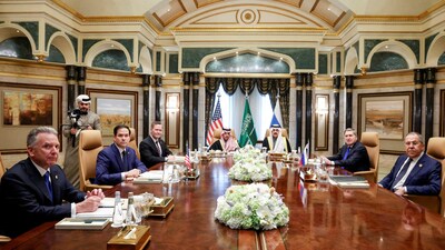 U.S. Secretary of State Marco Rubio meets with Saudi Foreign Minister Prince Faisal bin Farhan Al Saud, Saudi National Security Advisor Mosaad bin Mohammad Al-Aiban, U.S. National Security Advisor Mike Waltz, U.S. Middle East envoy Steve Witkoff, Russian Foreign Minister Sergei Lavrov and Russian President Vladimir Putin's foreign policy advisor Yuri Ushakov, at Diriyah Palace, in Riyadh, Saudi Arabia, February 18, 2025. (Reuters)