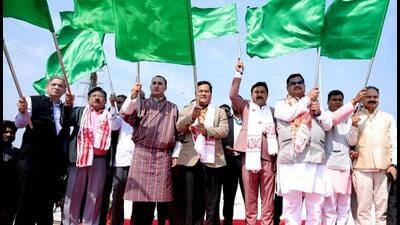 Union minister Sarbananda Sonowal with Bhutan minister Lyonpo Namgyal Dorji at the inauguration of the IWT Terminal of Inland Waterways Authority of India on river Brahmaputra at Jogighopa in Assam (X/@sarbanandsonwal) Union minister Sarbananda Sonowal with Bhutan minister Lyonpo Namgyal Dorji at the inauguration of the IWT Terminal of Inland Waterways Authority of India on river Brahmaputra at Jogighopa in Assam (X/@sarbanandsonwal)