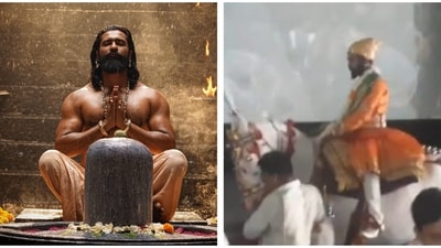 A man dressed as Chhatrapati Sambhaji Maharaj arrived on a horse inside a theatre. A man dressed as Chhatrapati Sambhaji Maharaj arrived on a horse inside a theatre.