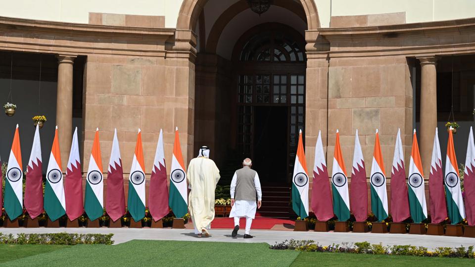 Prime Minister Narendra Modi and Qatari Amir, Sheikh Tamim bin Hamad Al-Thani at the Hyderabad House in New Delhi on Tuesday (HT Photo/Arvind Yadav) Prime Minister Narendra Modi and Qatari Amir, Sheikh Tamim bin Hamad Al-Thani at the Hyderabad House in New Delhi on Tuesday (HT Photo/Arvind Yadav)