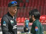 New Zealand's captain Mitchell Santner (L) shakes hands with his Pakistan's counterpart Mohammad Rizwan New Zealand's captain Mitchell Santner (L) shakes hands with his Pakistan's counterpart Mohammad Rizwan