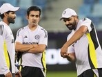 Dubai: India’s captain Rohit Sharma, right, Ravindra Jadeja, left, and head coach Gautam Gambhir during a practice session ahead of Champions Trophy match against Bangladesh
