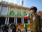 A Railway Police personnel doing announcements at the New Delhi Railway Station, days after the February 15 stampede which resulted in the death of 18 people.  (Photo by Sanchit Khanna/ Hindustan Times)