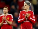 Manchester United's Alejandro Garnacho applauds fans after the match against Chelsea.