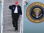 U.S. President Donald Trump gestures as he departs Air Force One at Miami International Airport on February 19, 2025 in Miami, Florida. U.S. President Donald Trump gestures as he departs Air Force One at Miami International Airport on February 19, 2025 in Miami, Florida.