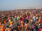 Only a week to go before the closing of the grand Maha Kumbh Mela, and devotees are rushing to the Triveni Sangam, more than ever before, just to take a holy dip at the confluence of Ganga, Yamuna and Saraswati. The festival has so far witnessed more than 52 crore devotees taking a dip at the Sangam. (PTI) Only a week to go before the closing of the grand Maha Kumbh Mela, and devotees are rushing to the Triveni Sangam, more than ever before, just to take a holy dip at the confluence of Ganga, Yamuna and Saraswati. The festival has so far witnessed more than 52 crore devotees taking a dip at the Sangam. (PTI)