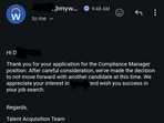 The applicant shared the email on Reddit, prompting laughter. The applicant shared the email on Reddit, prompting laughter.