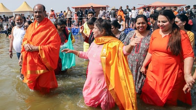 The 2025 Maha Kumbh, the world's largest spiritual and cultural gathering, commenced on Paush Purnima (January 13, 2025) and is set to conclude on February 26. In pic: Lok Sabha Speaker Om Birla with his wife Amita Birla takes a dip at Triveni Sangam during the ongoing Maha Kumbh 2025, in Prayagraj (Ravi Prakash/HT) The 2025 Maha Kumbh, the world's largest spiritual and cultural gathering, commenced on Paush Purnima (January 13, 2025) and is set to conclude on February 26. In pic: Lok Sabha Speaker Om Birla with his wife Amita Birla takes a dip at Triveni Sangam during the ongoing Maha Kumbh 2025, in Prayagraj (Ravi Prakash/HT)