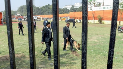 Security personnel inspect the Ramlila Maidan on the eve of the oath-taking ceremony of the new Chief Minister of Delhi, in New Delhi on Wednesday. (ANI) Security personnel inspect the Ramlila Maidan on the eve of the oath-taking ceremony of the new Chief Minister of Delhi, in New Delhi on Wednesday. (ANI)