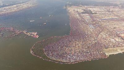 An aerial view of Sangam amid the ongoing ‘Maha Kumbh Mela’ in Prayagraj, Uttar Pradesh. (PTI Photo) An aerial view of Sangam amid the ongoing ‘Maha Kumbh Mela’ in Prayagraj, Uttar Pradesh. (PTI Photo)