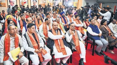 BJP leaders at the legislative party meeting on Wednesday. (ANI) BJP leaders at the legislative party meeting on Wednesday. (ANI)