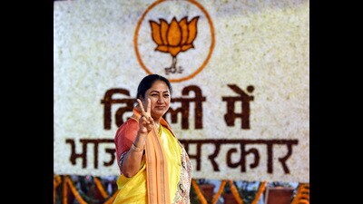 BJP’s Rekha Gupta arrives at the party office to attend BJP legislative party meeting in New Delhi on Wednesday (ANI) BJP’s Rekha Gupta arrives at the party office to attend BJP legislative party meeting in New Delhi on Wednesday (ANI)