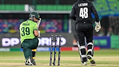 Pakistan's makeshift opener Saud Shakeel fell in the fourth over and captain Mohammad Rizwan was forced to come in with Fakhar still not being eligible to walk out. Rizwan fell after scoring three runs in 14 balls and the injured Fakhar ended up having a tortured stay in the middle. He couldn't run and ended up scoring 24 off 41 balls. (AFP) Pakistan's makeshift opener Saud Shakeel fell in the fourth over and captain Mohammad Rizwan was forced to come in with Fakhar still not being eligible to walk out. Rizwan fell after scoring three runs in 14 balls and the injured Fakhar ended up having a tortured stay in the middle. He couldn't run and ended up scoring 24 off 41 balls. (AFP)