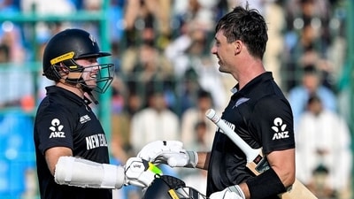 New Zealand's Will Young (R) celebrates with Tom Latham after scoring a century (100 runs) during the ICC Champions Trophy cricket match against Pakistan (AFP) New Zealand's Will Young (R) celebrates with Tom Latham after scoring a century (100 runs) during the ICC Champions Trophy cricket match against Pakistan (AFP)