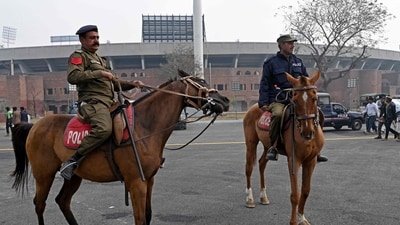 Mounted security personnel keeps a vigil outside the Gaddafi Stadium during Tri-Nation series second one-day international (ODI) cricket match between New Zealand and South Africa, in Lahore (AFP) Mounted security personnel keeps a vigil outside the Gaddafi Stadium during Tri-Nation series second one-day international (ODI) cricket match between New Zealand and South Africa, in Lahore (AFP)