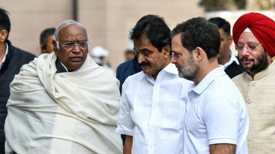 Congress chief Mallikarjun Kharge, lawmaker Rahul Gandhi and general secretary (organisation) KC Venugopal at the party headquarters in New Delhi on Wednesday. (ANI) Congress chief Mallikarjun Kharge, lawmaker Rahul Gandhi and general secretary (organisation) KC Venugopal at the party headquarters in New Delhi on Wednesday. (ANI)