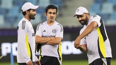 Dubai: India’s captain Rohit Sharma, right, Ravindra Jadeja, left, and head coach Gautam Gambhir during a practice session ahead of Champions Trophy match against Bangladesh (PTI) Dubai: India’s captain Rohit Sharma, right, Ravindra Jadeja, left, and head coach Gautam Gambhir during a practice session ahead of Champions Trophy match against Bangladesh (PTI)