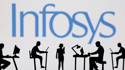 Figurines with computers and smartphones are seen in front of an Infosys logo in this illustration. (Reuters)