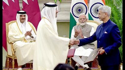 New Delhi, Feb 18 (ANI): Prime Minister Narendra Mod with Sheikh Tamim Bin Hamad Al Thani, Amir of the State of Qatar witness the signing of agreements between External Affairs Minister S Jaishankar and Qatar's Prime Minister and Minister of Foreign Affairs Sheikh Mohammed bin Abdulrahman bin Jassim Al Thani, at Hyderabad House in New Delhi on Tuesday. (ANI Photo) (ANI) New Delhi, Feb 18 (ANI): Prime Minister Narendra Mod with Sheikh Tamim Bin Hamad Al Thani, Amir of the State of Qatar witness the signing of agreements between External Affairs Minister S Jaishankar and Qatar's Prime Minister and Minister of Foreign Affairs Sheikh Mohammed bin Abdulrahman bin Jassim Al Thani, at Hyderabad House in New Delhi on Tuesday. (ANI Photo) (ANI)