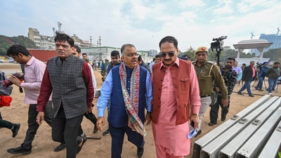 Virendra Sachdeva, President of Delhi BJP, along with other senior BJP leaders, inspected the preparations for the upcoming oath ceremony of Delhi's Chief Minister at Ramlila Maidan in New Delhi, India, on Tuesday, February 18, 2025. (Photo by Sanchit Khanna/ Hindustan Times) Virendra Sachdeva, President of Delhi BJP, along with other senior BJP leaders, inspected the preparations for the upcoming oath ceremony of Delhi's Chief Minister at Ramlila Maidan in New Delhi, India, on Tuesday, February 18, 2025. (Photo by Sanchit Khanna/ Hindustan Times)