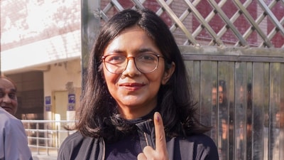 A file photo of Rajya Sabha MP Swati Maliwal showcasing her inked finger after voting in the Delhi Assembly elections in New Delhi. (PTI file) A file photo of Rajya Sabha MP Swati Maliwal showcasing her inked finger after voting in the Delhi Assembly elections in New Delhi. (PTI file)