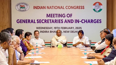 **EDS: THIRD PARTY IMAGE** In this image released by @INCIndia via X on Wednesday, Feb. 19, 2025, Congress President Mallikarjun Kharge with LoP in the Lok Sabha and party leader Rahul Gandhi during a meeting of the party's general secretaries and state in-charges, in New Delhi. (@INCIndia on X via PTI Photo) **EDS: THIRD PARTY IMAGE** In this image released by @INCIndia via X on Wednesday, Feb. 19, 2025, Congress President Mallikarjun Kharge with LoP in the Lok Sabha and party leader Rahul Gandhi during a meeting of the party's general secretaries and state in-charges, in New Delhi. (@INCIndia on X via PTI Photo)