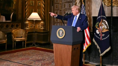 President Donald Trump speaks at Mar-a-Lago in Palm Beach, Florida on Tuesday, Feb. 18, 2025. (Pool via AP) President Donald Trump speaks at Mar-a-Lago in Palm Beach, Florida on Tuesday, Feb. 18, 2025. (Pool via AP)