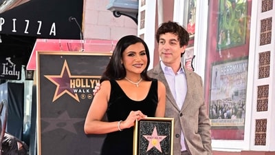 (L-R) US actress Mindy Kaling and B.J. Novak attend Kaling's Hollywood Walk of Fame star ceremony in Hollywood, California on February 18, 2025. (Photo by Frederic J. Brown / AFP) (AFP)