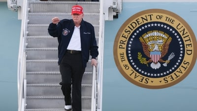 U.S. President Donald Trump gestures as he departs Air Force One at Miami International Airport on February 19, 2025 in Miami, Florida. ( AFP) U.S. President Donald Trump gestures as he departs Air Force One at Miami International Airport on February 19, 2025 in Miami, Florida. ( AFP)