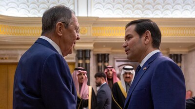 US Secretary of State Marco Rubio shakes hands with Russian Foreign Minister Sergei Lavrov during their meeting at Diriyah Palace, in Riyadh, Saudi Arabia, on February 18, 2025. (AFP) US Secretary of State Marco Rubio shakes hands with Russian Foreign Minister Sergei Lavrov during their meeting at Diriyah Palace, in Riyadh, Saudi Arabia, on February 18, 2025. (AFP)