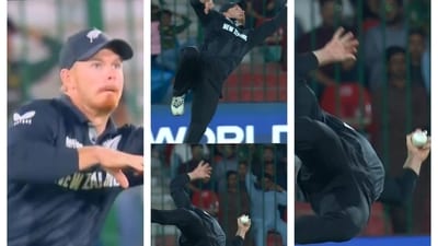 Glenn Phillips takes a flying catch to dismiss Mohammad Rizwan Glenn Phillips takes a flying catch to dismiss Mohammad Rizwan