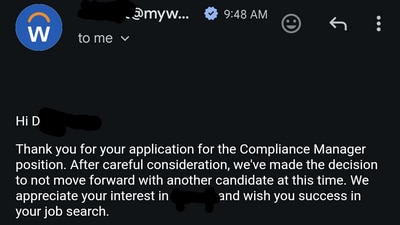 The applicant shared the email on Reddit, prompting laughter. (Reddit/rooter1ne) The applicant shared the email on Reddit, prompting laughter. (Reddit/rooter1ne)