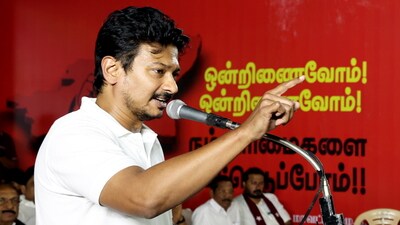 Tamil Nadu deputy chief minister Udhayanidhi Stalin at the DMK-led protest against the imposition of three-language policy in the state. (PTI) Tamil Nadu deputy chief minister Udhayanidhi Stalin at the DMK-led protest against the imposition of three-language policy in the state. (PTI)